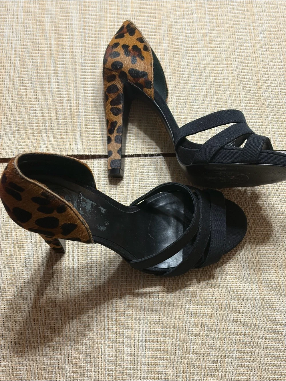 Tory Burch Black Sandals with Leopard Heel Accent